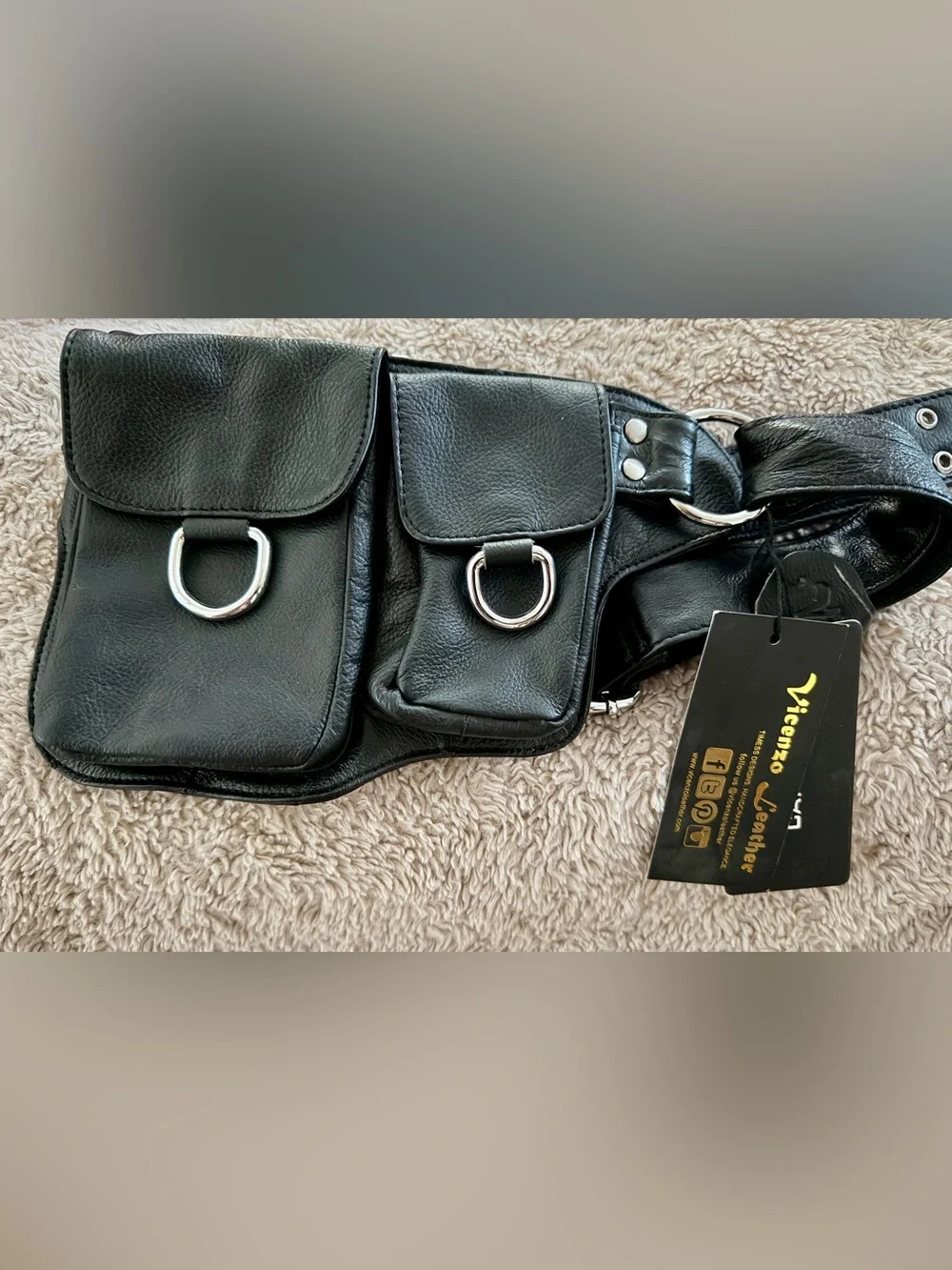 NWT Vicenzo Genuine Leather Festival Utility Belt Hip Bag Black